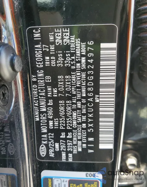 2013 Kia Sorento Ex из США, поврежденный, VIN 5XYKUCA68DG324976